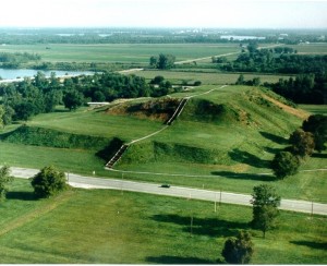 Aerial view of the massive Great Temple Mound at Cahokia.