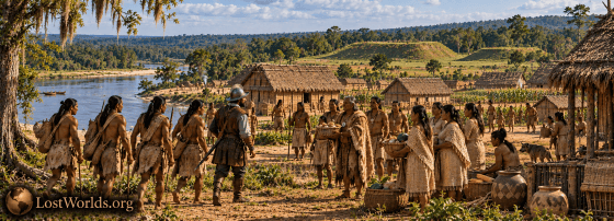 Juan de Lara and Native guides entering an Oconee Valley village in 1602, with villagers offering food and abandoned grassy mounds nearby.