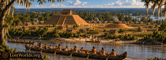Shinholser mound village beside the Oconee River with a large square platform mound, smaller round mound, houses, fields, and cargo canoe.