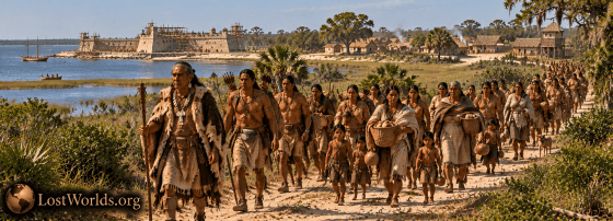 Chief Altamaha leading Tama/Yamasee families away from 1683 St. Augustine with the partially built Castillo de San Marcos and colonial town in the background.