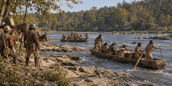 Indigenous canoeists carrying Spanish expedition members and supplies across a rocky Georgia river in 1540.