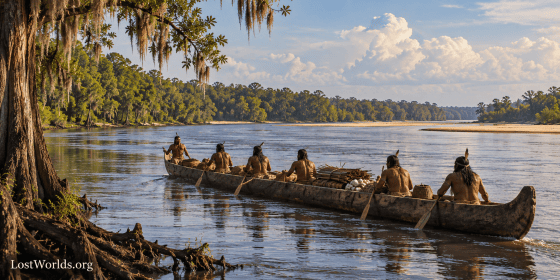 Large Indigenous dugout canoe carrying paddlers, baskets, pottery, and bundled trade goods on a broad Georgia river.