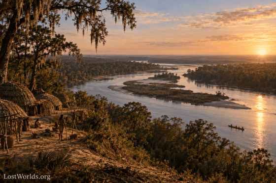 Broad forest-lined Altamaha River with sandy banks, cypress trees, and a dugout canoe on the water.