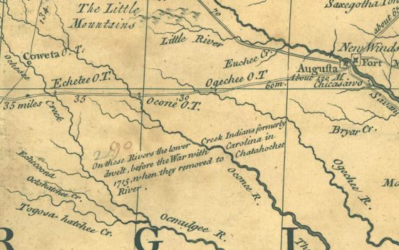Detail of John Mitchell’s 1755 map showing “Echetee O.T.” along Ochesee Creek in Georgia, near the former Lower Creek town locations.