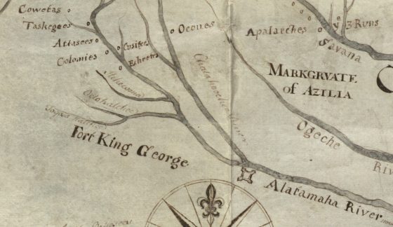 Detail of the Herbert-Hunter map showing the Native town labeled “Echeetes” along the Ocmulgee/Ochese river system in central Georgia.