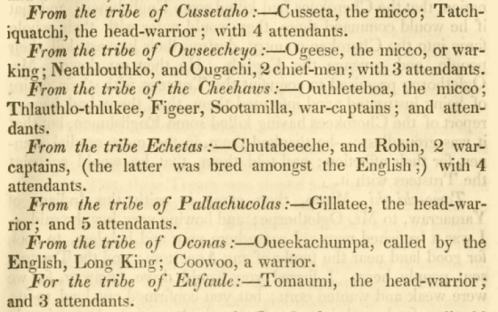 Eighteenth-century printed page listing Lower Creek delegates, including the line “From the tribe Echetas” followed by the war captains Chutabeeche and Robin.