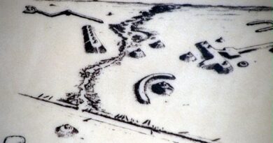 Artist's interpretation of Ortona Indian Mounds site in Florida.