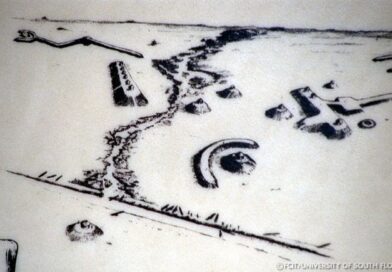 Artist's interpretation of Ortona Indian Mounds site in Florida.